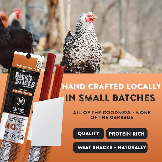 Nick's Sticks Spicy Free Range Clean &amp Balanced Chicken Snack Sticks | Made in the USA | Gluten Free | Paleo Keto Whole 30 Approved | No Soy Antibiotics or Hormones (25-1.7 oz. Packages of 2 st