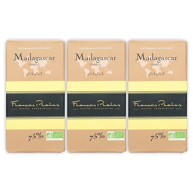 François Pralus Madagascar 75% Dark Chocolate 3 Pack - French Chocolate - Bean-to-Bar Direct Trade - Vegan Gluten-Free Soy-Free Organic - Bundle