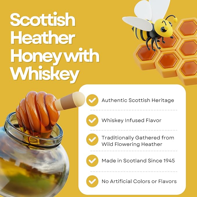 Heather Hills Farm Scottish Heather Honey with Whiskey 340g (12oz) - Highland Heather Honey Infused with Scotch Whiskey Authentic Scottish Food Gift Imported Gourmet Spread Made in Scotland