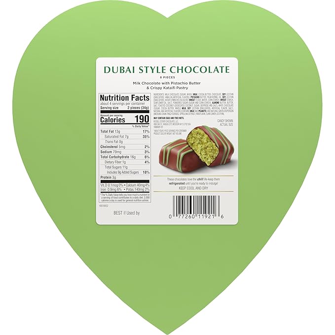 RUSSELL STOVER Valentine's Day Dubai Style Milk Chocolate Candy Pistachio &amp Kataifi Heart Gift Box 4.75 oz.