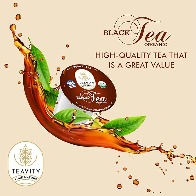 Teavity Organic Black Tea Pods for Keurig - Premium Unsweetened Naturally Caffeinated Tea for KCup - Hot or Iced (36 Pods)