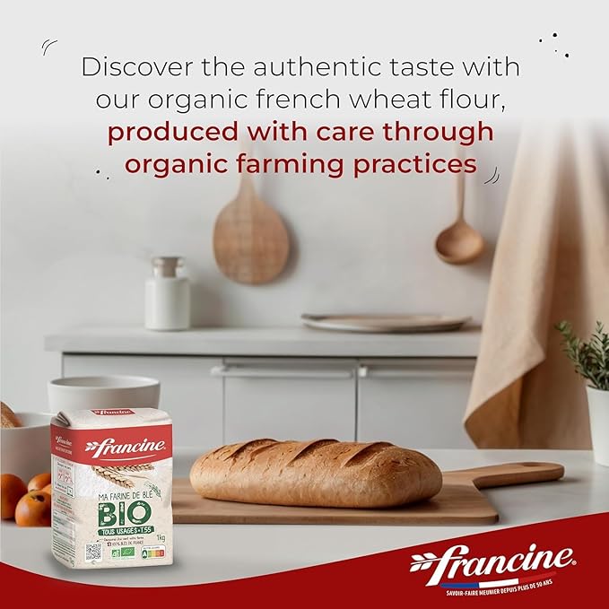 Francine Organic Wheat Flour T55 Bio French Flour from France with Lower Gluten Content Makes Great Breads Pastries and Desserts 35.3oz/1 kg (Pack of 2)