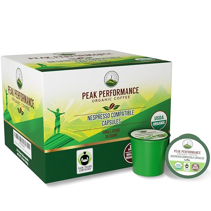 Peak Performance Organic Capsules for Nespresso Machines - Fair Trade Low Acid Organic Espresso Coffee Pods (36 Count) Compatible with All Nespresso Capsule Brewers - Medium Roast Single Serve Pod
