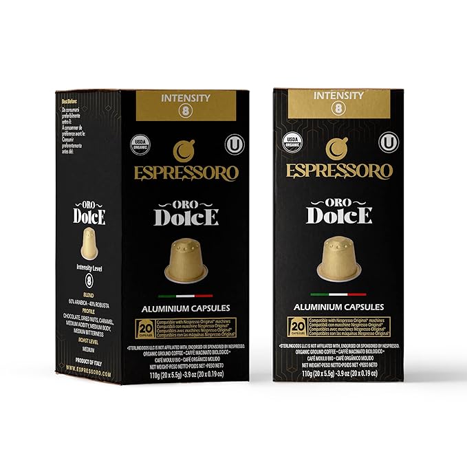 ESPRESSORO 20 USDA Organic Espresso Pods - DOLCE Aluminum Capsule Compatible with Nespresso Original Lines Machines. Intensity 8 Premium Italian Expresso Coffee Capsules