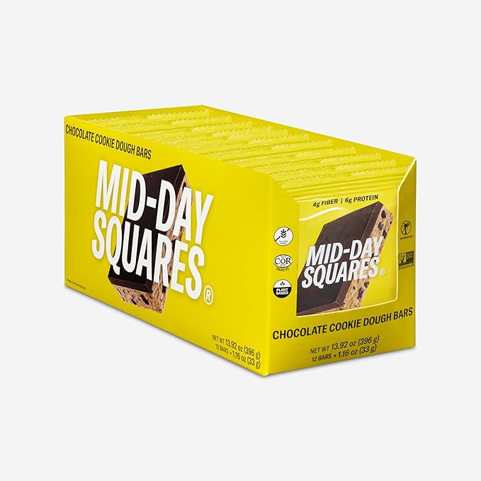 Mid-Day Squares Cookie Dough Protein Chocolate Bars 1.16 Oz each 3 Packs (36 Squares) | Made with Real Chocolate 6g Plant Protein 4g Fiber Gluten Free Plant-Based