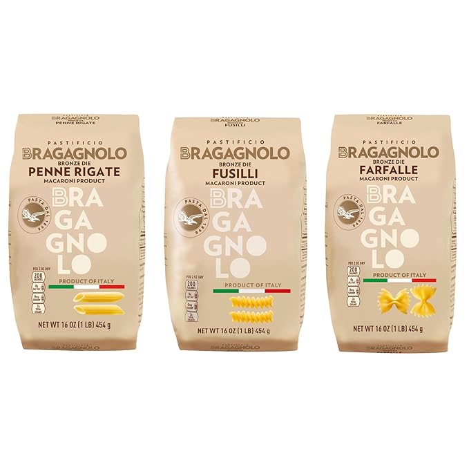 Sample Pack 1(Pastificio Bragagnolo) 1 Pound Bag of Penne Rigate 849 1 Pound Bag of Fusilli 857 1 Pound Farfalle 831 Bronze-Drawn 100% Italian Pasta Made with Durum Wheat Semolina Flour Non GMO