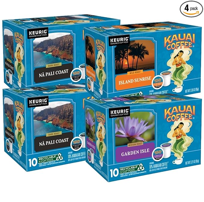 Kauai Coffee K-Cup Pods for Keurig Brewers – Arabica Coffee 10% Hawaiian – Mild Medium and Dark Roast Rich Smooth No Bitterness – Three Flavors 4 Packs of 10 Single Serve K-Cups