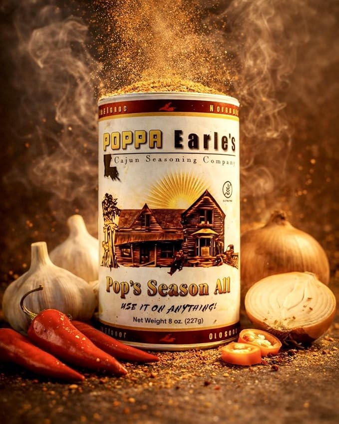 Poppa Earle's Seasoning (Cajun Seasoning Company) Gluten Free and No MSG All Purpose Seasoning Pops Season-all Pack of 3 (8) ounce cans