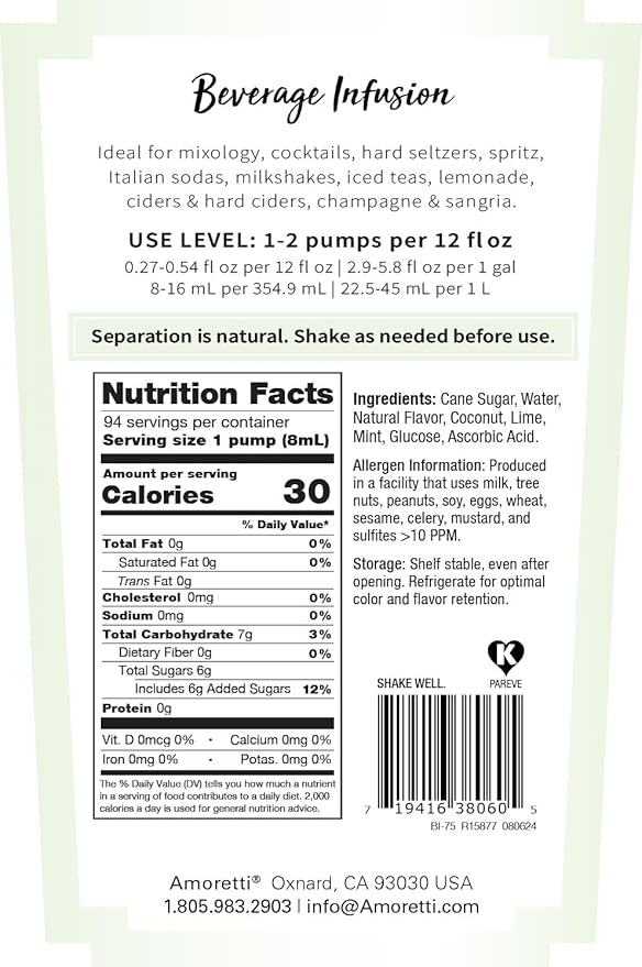 Amoretti - Mojilada® Beverage Infusion 94 Servings Per Bottle (750 ml) - Drink Mix &amp Water Enhancer with Pump for Flavoring Cocktails Waters Teas and other Beverages Preservative Free