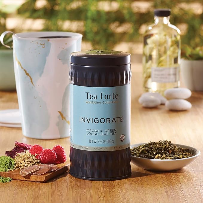 Tea Forte Invigorate Premium Organic Loose Leaf Caffeinated Green Tea Blend Canister Makes 35-50 Cups