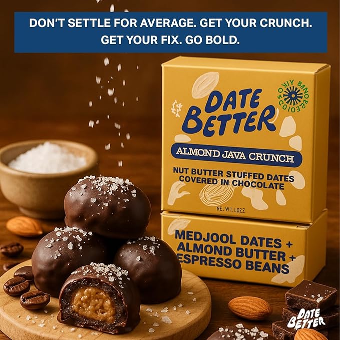Date Better Almond Java Crunch Stuffed Medjool Dates - Dark Chocolate-Covered Dates Filled With Almond Butter &amp Espresso Beans | No Artificial Sweeteners Gluten-Free &amp Vegan (6-Pack)