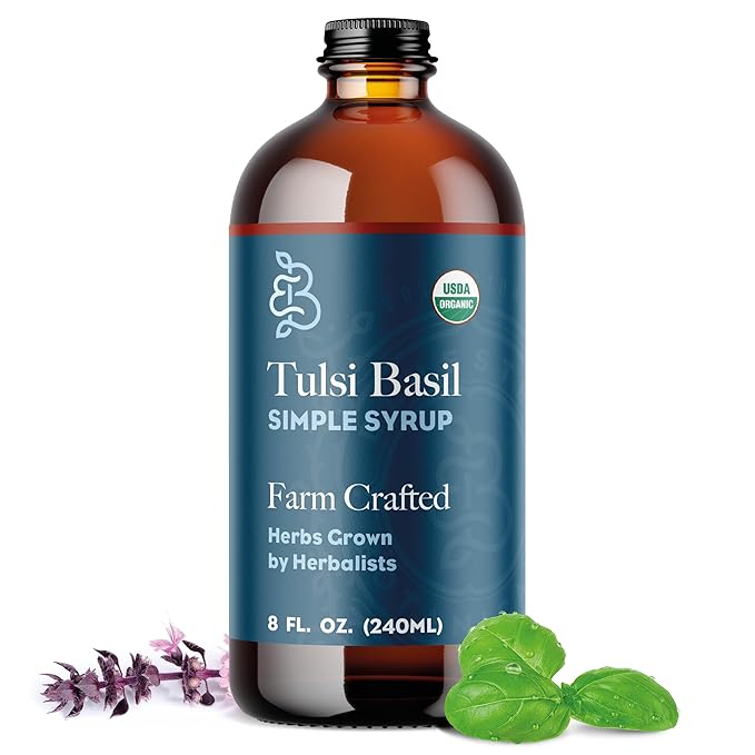 Bluestem Botanicals Organic Tulsi Basil Simple Syrup 8 oz Cocktail and Mocktail Mixer for Drinks Non-Alcoholic