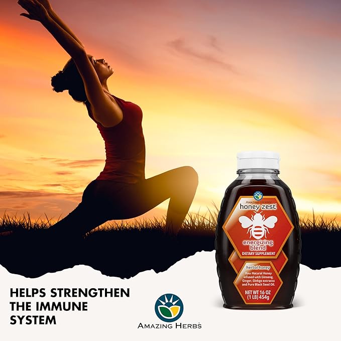 Amazing Herbs Raw Natural Honey - Herbal Honey Infused with Ginseng Ginger Ginkgo Extracts &amp Pure Black Seed Oil Non GMO Gluten Free Immune Booster - Honeyzest Energizing Blend 16 Fl Oz