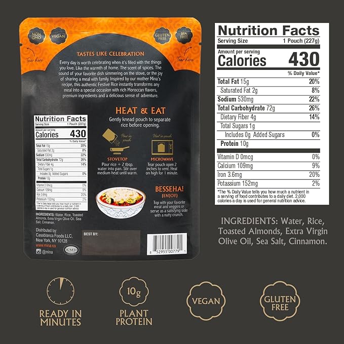 Mina Festive Rice With Toasted Almonds &amp Cinnamon Ready to Eat Rice Pilaf Side Dishes Microwave Rice Vegan Protein Non-GMO Gluten-Free Kosher 8 oz (Pack of 6)