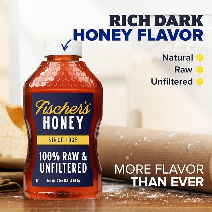 Fischer's 100% Pure Raw &amp Unfiltered Honey 24 oz – All-Natural Sweetener – Rich Flavor Profile Packed with Nutrients