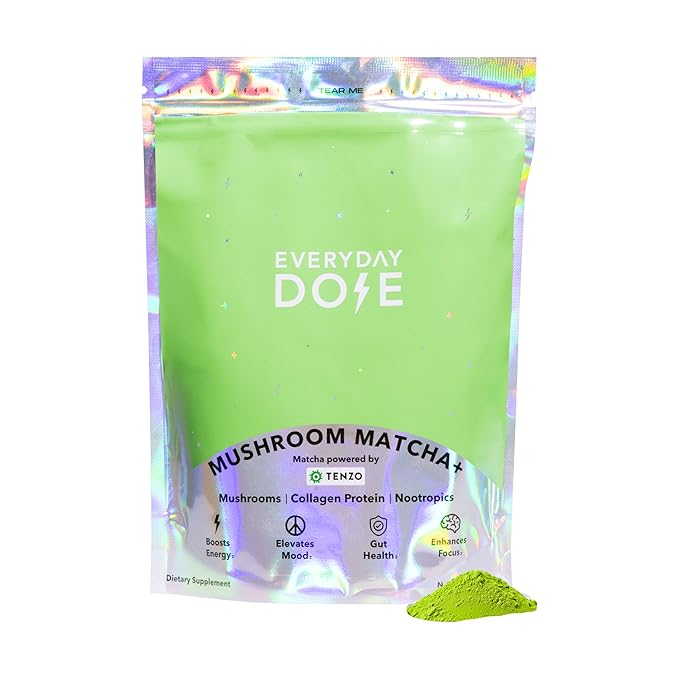 Everyday Dose Mushroom Matcha+ Ceremonial Grade Matcha Powder - Japanese Tea With Grass-Fed Collagen Lion's Mane Chaga L-Theanine - For Better Focus Energy Digestion and Immunity - 30 Servings