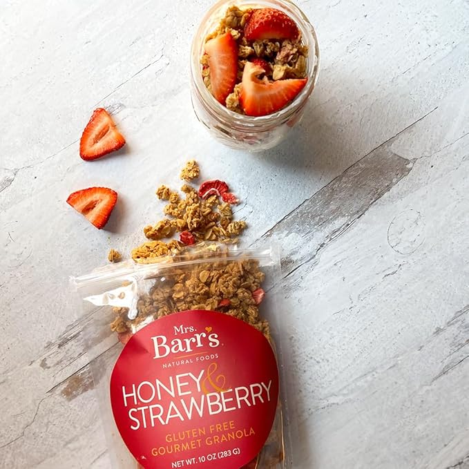 Mrs. Barr’s Natural Foods Granola | Honey &amp Strawberry | Certified Organic Gluten Free Oats | Soft Texture | Small Batch | Gourmet Quality | Real Ingredients | 10 Ounces (3 Pack)