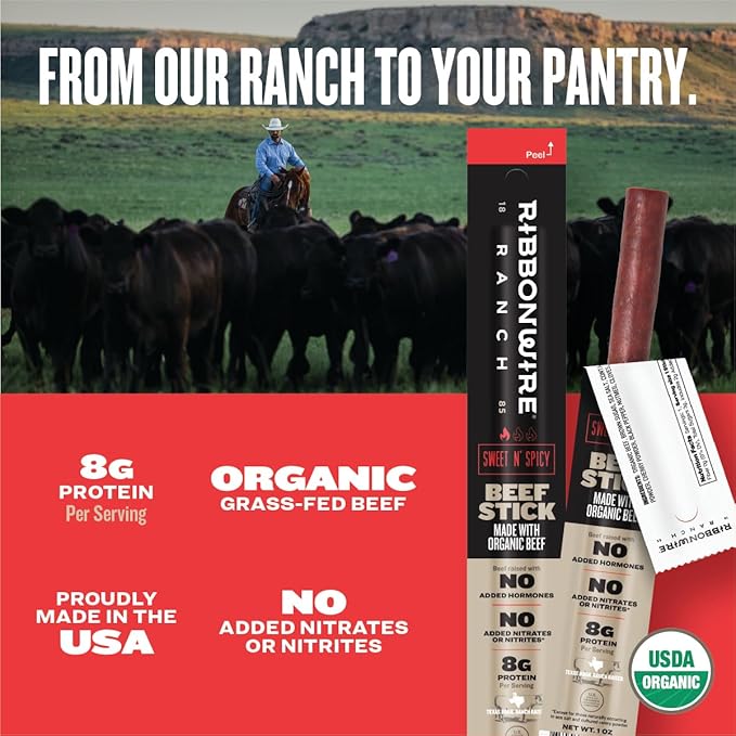 Ribbonwire Ranch Beef Sticks Made with Organic Beef Pasture Raised High Protein Snack Healthy Low Carb Keto Friendly Gluten Free Nitrate Free On the Go 1 Oz Sticks Sweet N' Spicy 24 Pack