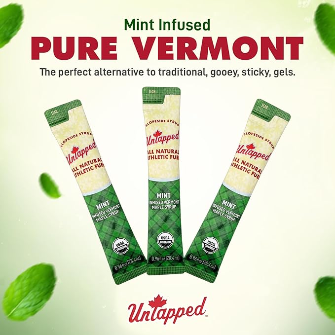 UnTapped Mint Maple Syrup Energy Gels 20 Gels | Organic Pure Vermont Maple Syrup with Real Mint | Gluten-Free Low Glycemic | Natural Fuel for Running Cycling &amp Endurance