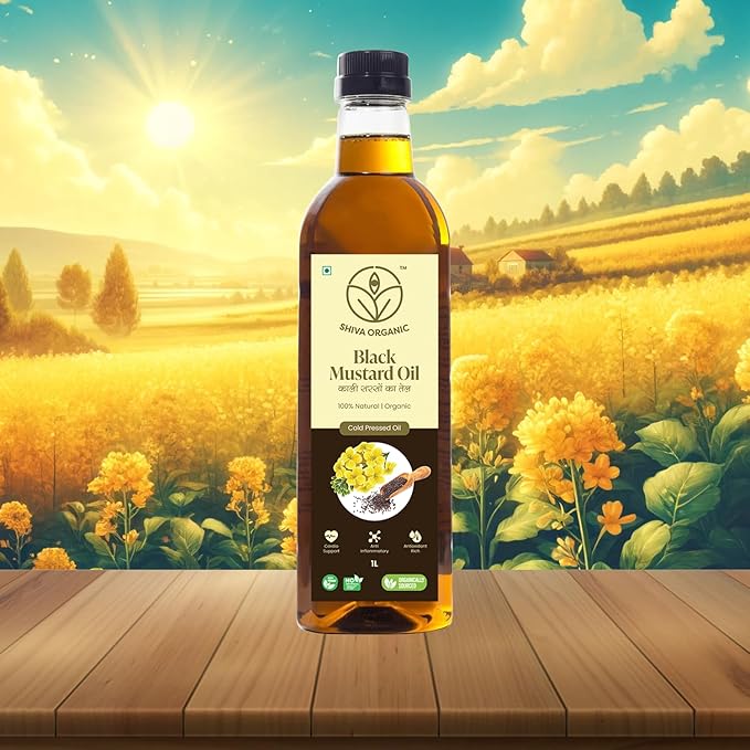 Shiva Organic Pure Black Mustard Oil - Cold Pressed 100% Natural Certified Organic - 1L (33.8 fl oz) for Cooking Massage and Hair Care