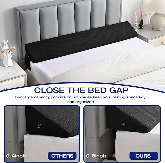 Twin Bed Wedge Pillow for Bed Gap Filler/Headboard Gap Black Long Triangle Corner Pillows with PocketsDense FoamPillow Prevents Stuff DropsBetween Twin Mattress and Frames Home Beds Accessories