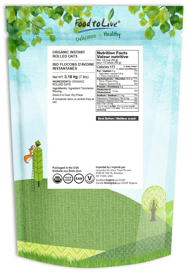 Food to Live Organic Instant Rolled Oats 7 Pounds - Ready in 1 Minute Non-GMO Whole Grain Oatmeal. Good Source of Fiber and Protein. Great Quick Cook and Overnight Oats for Nutritious Breakfast