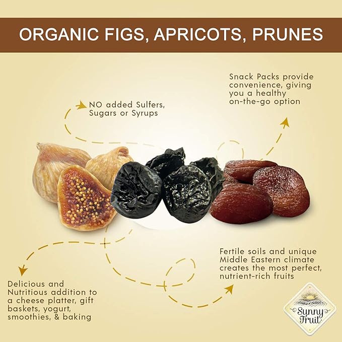 Sunny Fruit Organic Dried Fruit Assortment - Prunes Figs &amp Apricots Variety 3 Bags (15 Individual Portion Packs) | No Preservatives No Sugar Added | ORGANIC NON-GMO VEGAN HALAL KOSHER