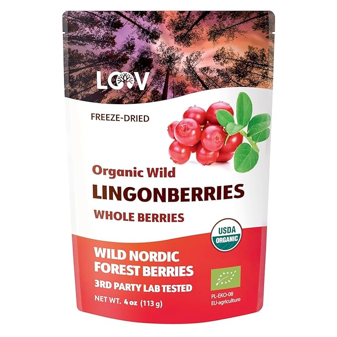 Organic Whole Lingonberries – Freeze-Dried Wild Nordic Superberry Traditional Scandinavian–Swedish Food – Pure 100% Natural Non-GMO &amp No Added Sugar – 4oz (34 Servings)