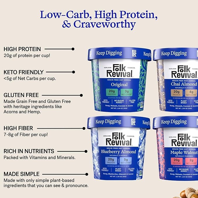 Folk Revival Keto Instant 'Oatmeal' Variety Pack - 20g of Protein Low Carb High Fiber 3 Blueberry 3 Maple Walnut 3 Chai Almond 3 Original - 12 Cups Per Case