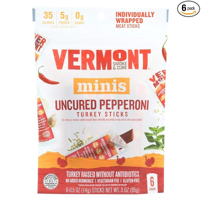 Vermont Uncured Pepperoni 0.5 Ounce Turkey Sticks 6 count per pack - 8 per case.8