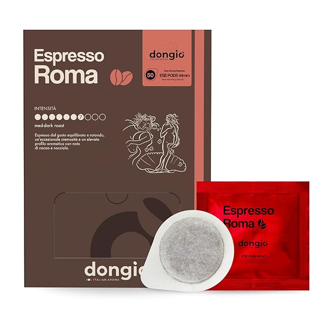 Dongiò Caffè Espresso Roma - 50 Easy Serving Espresso Pods (ESE 44mm) – Med-Dark Roast Coffee (Intensity 7/10) - Roasted and Blended in Italy