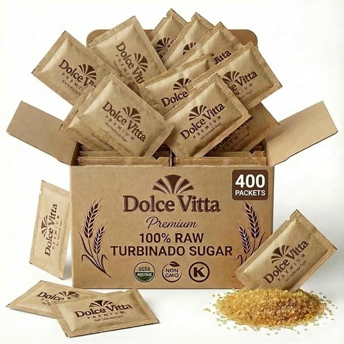 Raw Sugar Dolce Vitta Premium (400 Ct Box) - Raw Sugar Turbinado Cane Sugar Packets Pure All-Natural Turbinado Sugar Sugar Pure Cane Non-GMO Project Verified Kosher Vegan and Gluten Free.