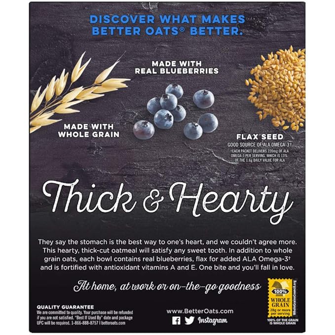 Better Oats Thick &amp Hearty Instant Oatmeal Packets Blueberry Muffin Flavor with Flax Seeds and Whole Grains Quick-Cooking Breakfast Kosher 15.1 oz Box (Pack of 1)