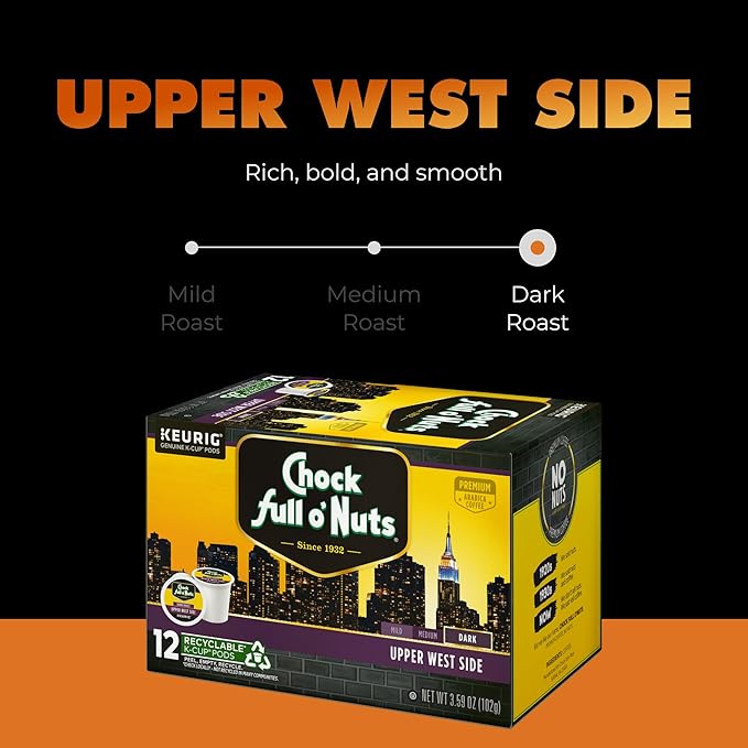 Chock Full o' Nuts Upper West Side Keurig K-Cup Pods for Keurig Brewers – Premium Arabica Dark Roast – Single Serve – 1 Pack of 12 K-Cup Pods