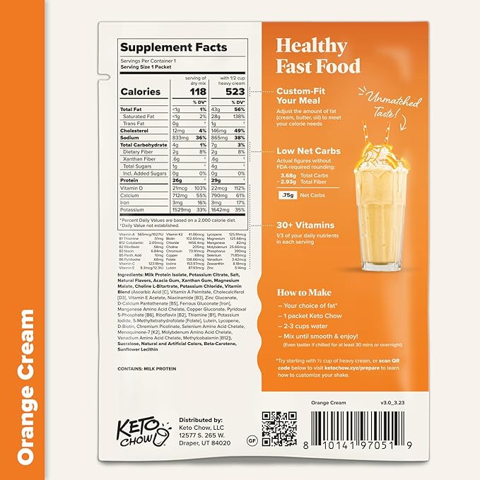 Keto Chow Orange Cream - Keto Meal Replacement Shake Powder - Nutritionally Complete - Low Carb - Delicious Easy Meal Substitute - Protein Rich You Choose The Fat - 21 Meal Serving