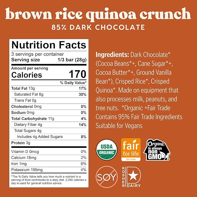Theo Chocolate Brown Rice Quinoa Crunch Organic Dark Chocolate Bar 85% Cacao 12 Pack | Vegan Fair Trade
