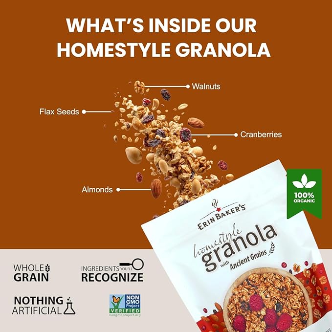 Erin Baker’s Homestyle Fruit and Nut Granola with Ancient Grains - Made from Natural Ingredients Crunchy Texture Versatile Snack or Cereal - Vegan Friendly Non-GMO Resealable 12oz Bags 6‑Pack