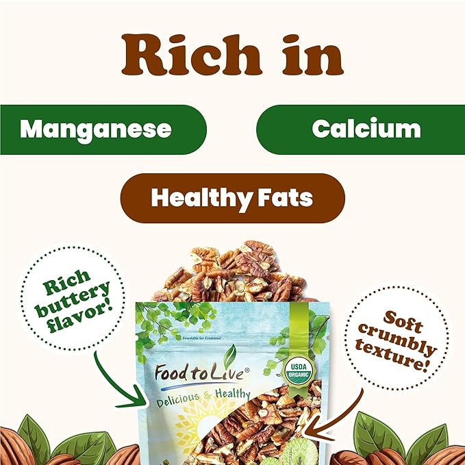 Food to Live Organic Pecan Pieces 1.5 Pounds Raw Chopped Pecans Non-GMO Unsalted Unroasted Kosher Shelled Kosher Vegan Sirtfood Bulk. Keto-Friendly. Good Source of Iron and Calcium