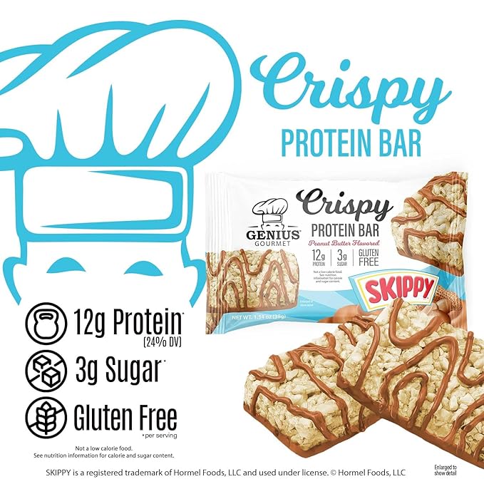 Genius Gourmet SKIPPY® Peanut Butter Flavored Crispy Protein Bars12g Protein per serving (24% DV) 3g Sugar Delicious Snack Bar Gluten Free – 10 Count