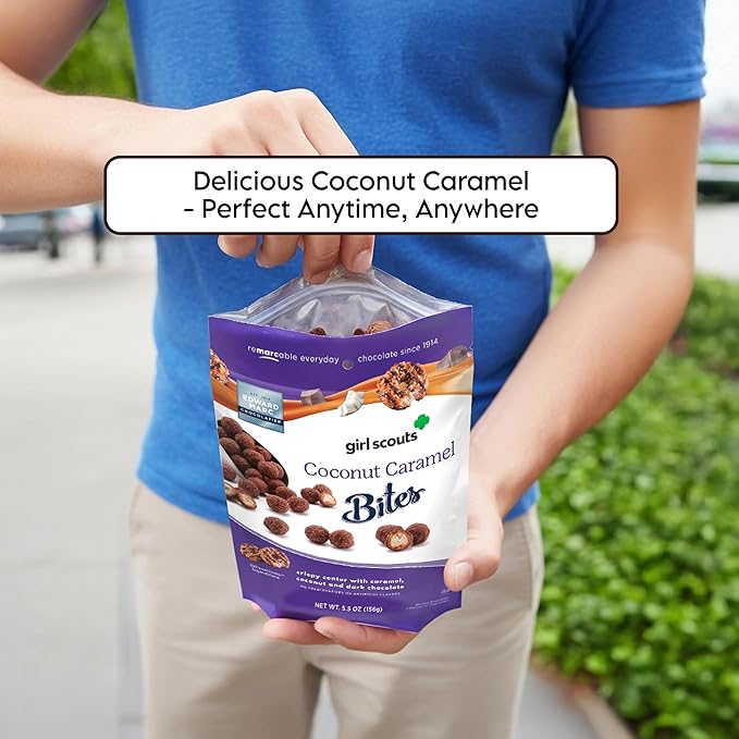 Edward Marc Girl Scouts Coconut Caramel Bites - Inspired by Girl Scout Cookies Crispy Coconut and Dark Chocolate - 5.5 oz Resealable Bag - Gourmet Chocolate Gift - Pack of 10