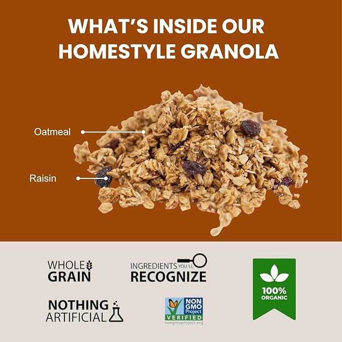 Erin Baker’s Homestyle Oatmeal Raisin Granola with Ancient Grains - Made from Natural Ingredients Crunchy Versatile Snack or Cereal - Vegan Friendly Non-GMO Resealable 160oz Bag 1‑Pack