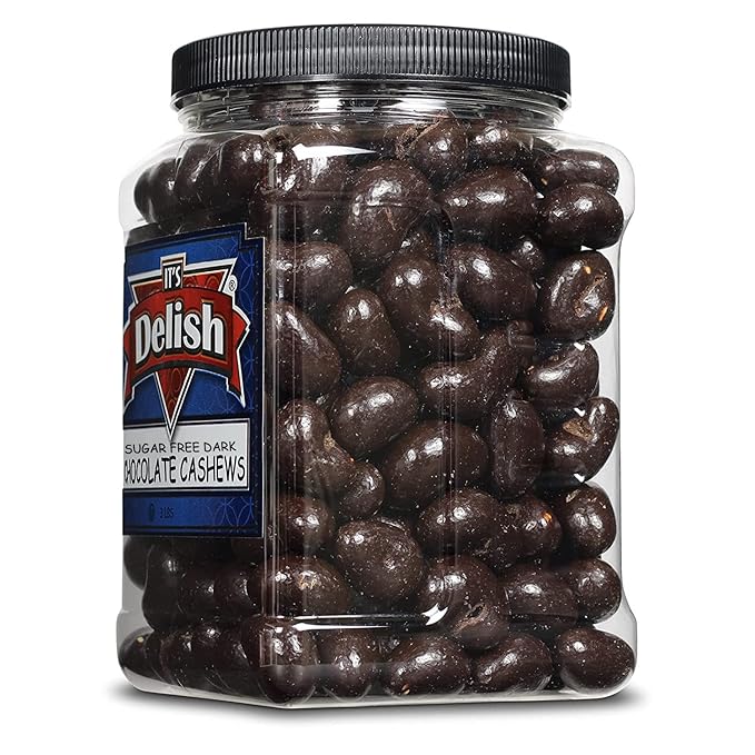 Sugar Free Dark Chocolate Covered Cashews by Its Delish 3 LBS Jumbo Reusable Container (Jar) | Gourmet Dark Chocolate Cashews Healthy Snacks Chocolate Nuts USA Made Vegan Kosher