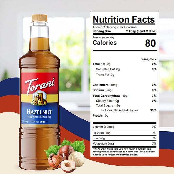 Torani Hazelnut Syrup 1 Liter Bottle with Pump – Premium Coffee Flavoring Made with Pure Cane Sugar &amp Natural Flavors for Lattes Cappuccinos Desserts Cocktails &amp More – Rich Nutty Sweetener
