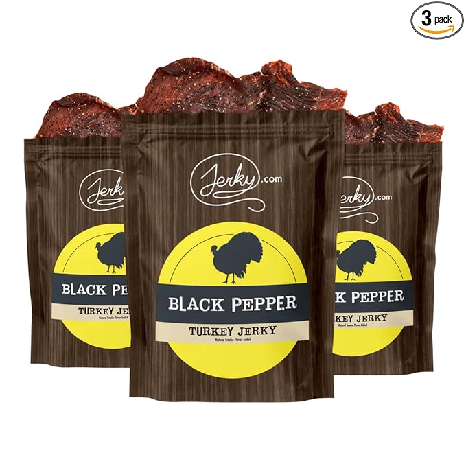Jerky.com's Black Pepper Turkey Jerky - 3 PACK - Made From Whole Muscle Turkey Breast - Low in Sugar No Added Preservatives No Added Nitrates and No Added MSG - 7.5 total oz.