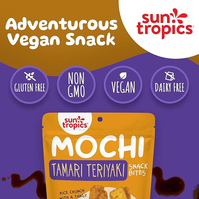 Sun Tropics Mochi Snack Bites Tamari Teriyaki Flavor 3.5 oz (Pack of 6) | Crispy Crunchy Mochi Rice Bites | Gluten Free Dairy Free No MSG Added Asian Rice Snacks