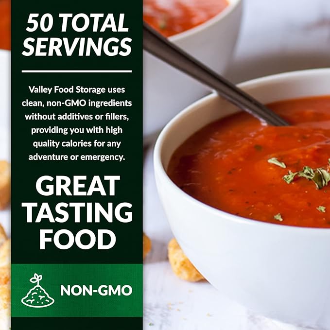 Valley Food Storage Tomato Basil Soup | 10-Bag Bucket 50 Servings | Premium Emergency Food Supply with 25 Year Shelf Life | Survival Meal Kits Prepper Food Camping &amp Off-Grid Living Supplies |