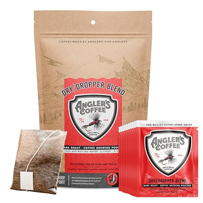 Angler’s Coffee Dry Dropper Dark Roasted Single Serve Coffee in a Pouch - Carefully Roasted Freshly Ground &amp Nitrogen Flushed Quality Colombian Coffee - Just add Water - 10 ct