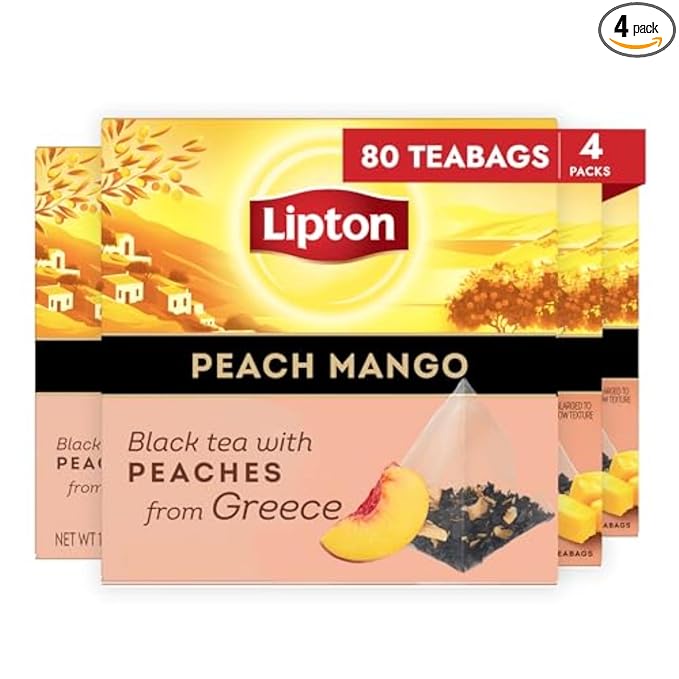 Lipton Black Tea Peach Mango Pyramid Tea Bags Flavored Teabags for a Refreshing Cup of Tea 80 Total Tea Bags (20ct - Pack of 4)
