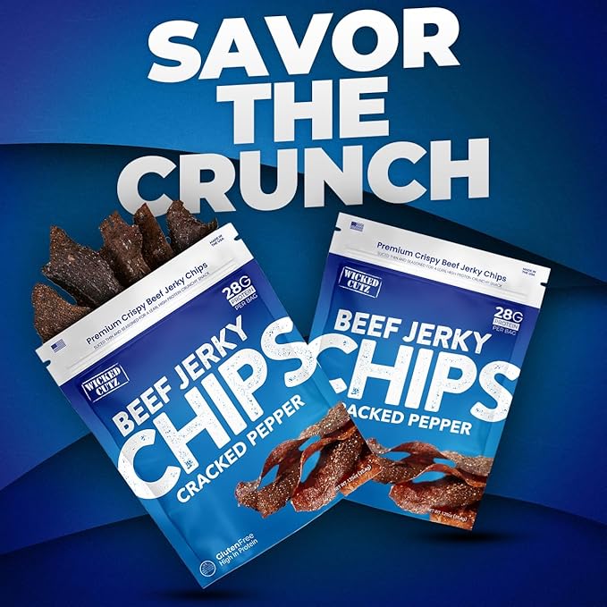 Wicked Cutz Cracked Pepper Beef Jerky Chips 28g Protein per Bag Crispy &amp Crunchy Beef Jerky Crisps USA Made Pepper Flavored Chips High Protein Carnivore Snacks (4 Bags)