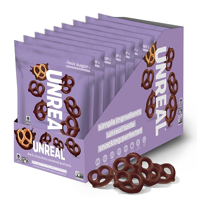 UNREAL Dark Chocolate Covered Pretzels 7g Sugar Chocolate Candy Treat Bag Gluten Free Fair Trade Non-GMO 1.5oz (Pack of 9)